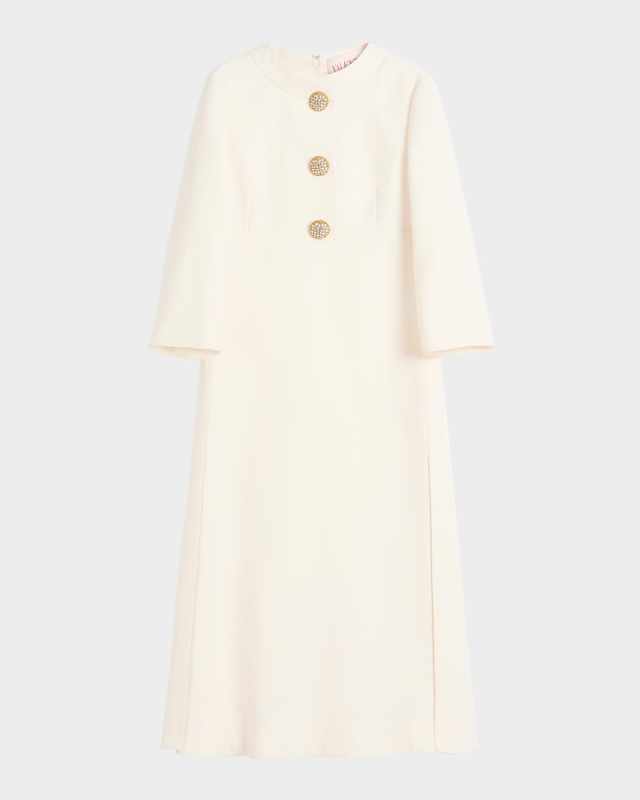 Quarter-Sleeve Brooch Wool Midi Dress